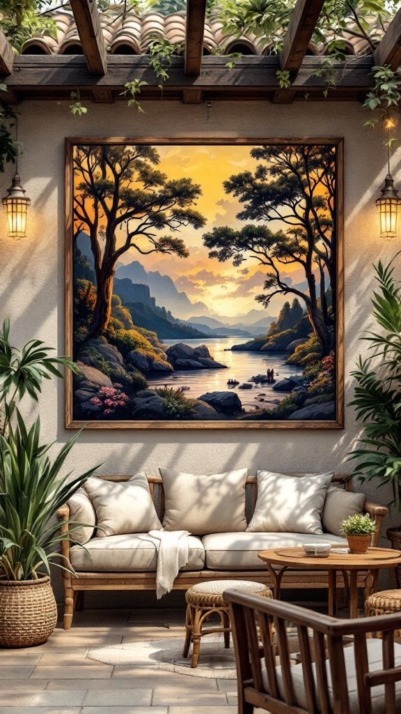 A cozy patio with a large landscape painting surrounded by plants and comfortable seating.