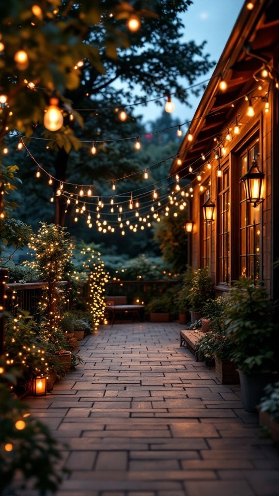 A patio adorned with bistro lights creating a cozy and romantic ambiance.