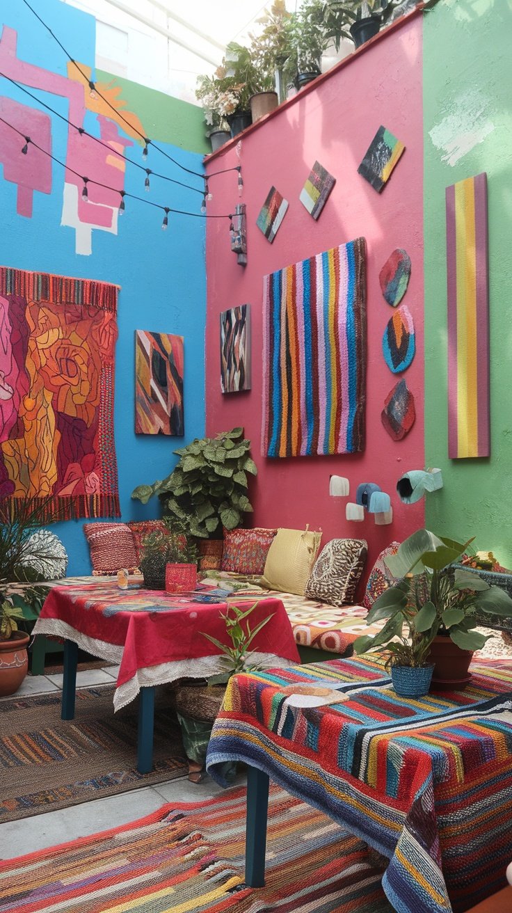 A colorful boho patio featuring bright artwork and textiles