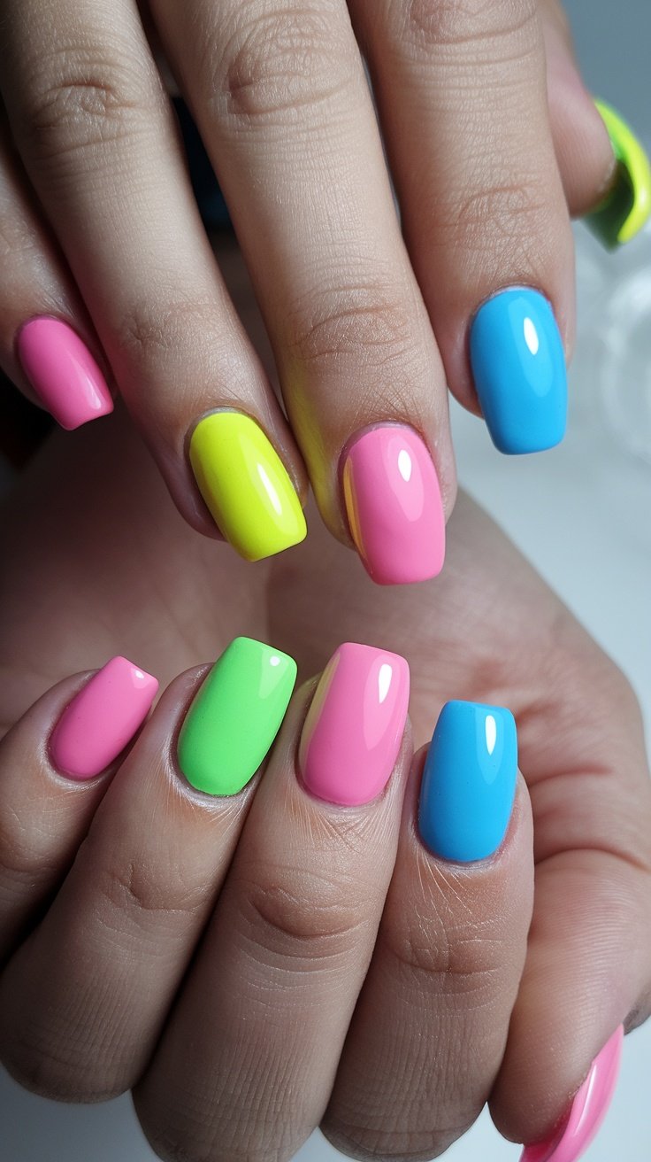 Colorful spring nails featuring bright pink, yellow, green, and blue shades in a block design.