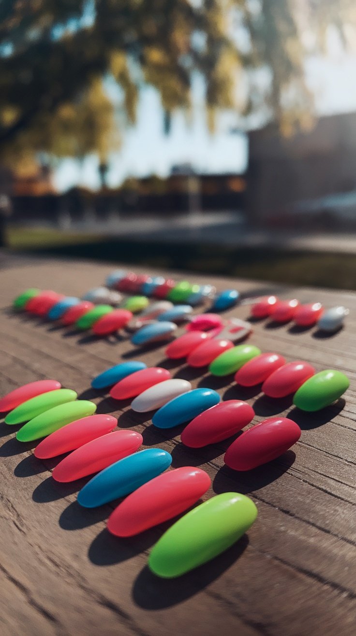 A variety of bright neon nail tips in pink, green, and blue arranged on a wooden surface.