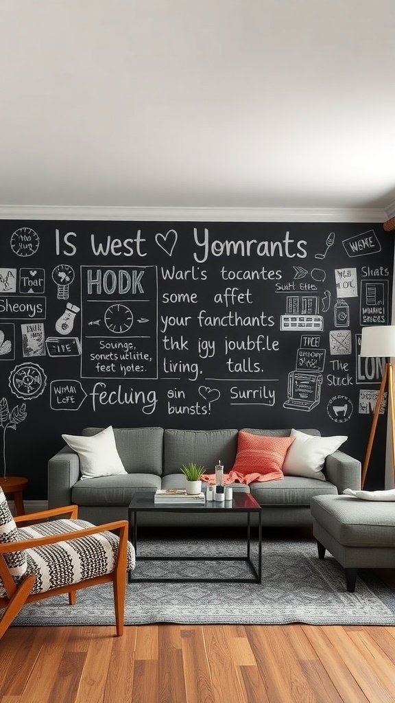 Living room with a chalkboard wall featuring various doodles and notes