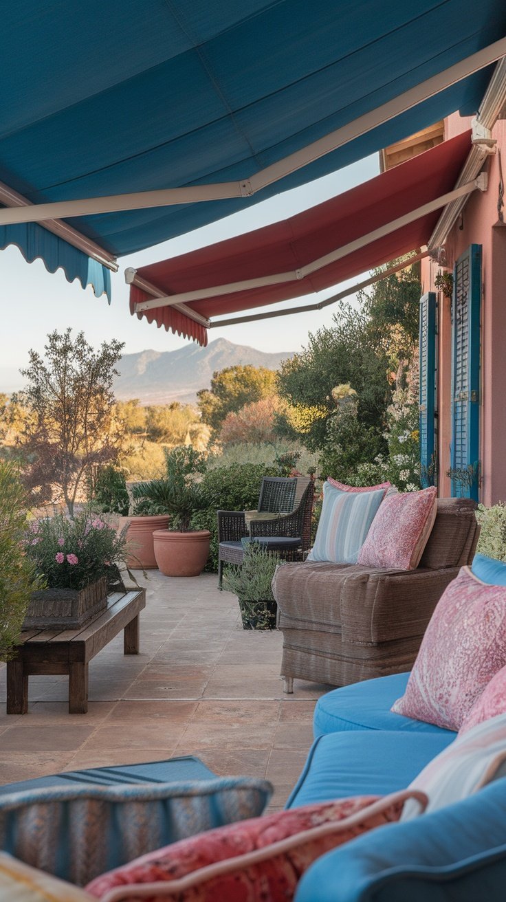 Cozy backyard patio with colorful awnings, comfortable seating, and lush plants.