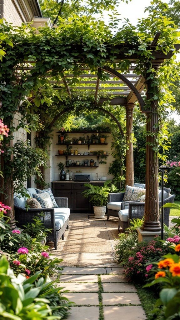 A cozy patio area with a wooden arbor covered in green vines and comfortable seating.