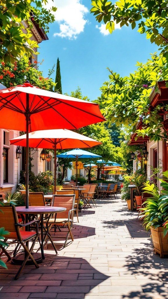 A vibrant patio scene with colorful umbrellas providing shade over tables and plants.