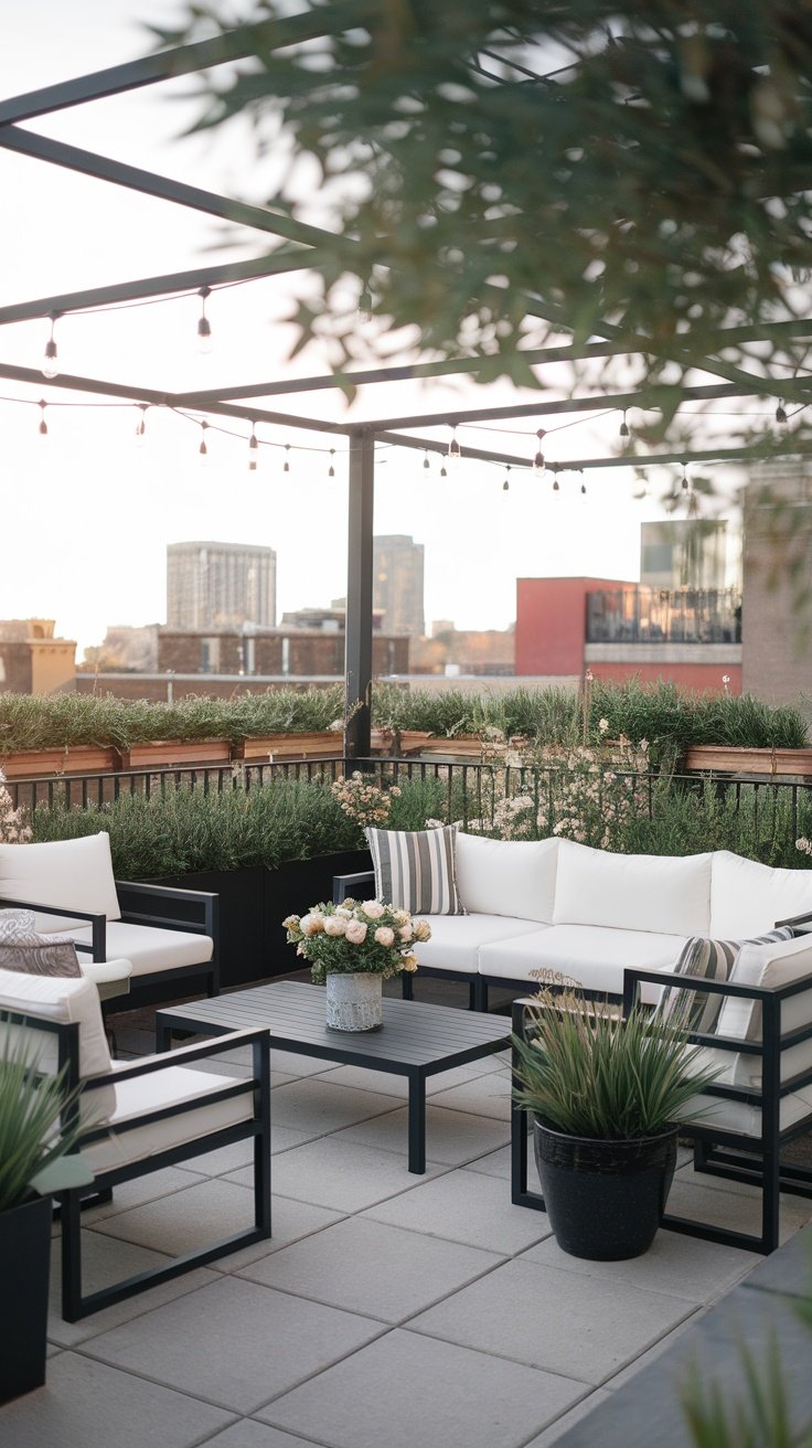 A stylish urban rooftop patio with modern furniture, pillows, and plants, under a pergola with string lights.