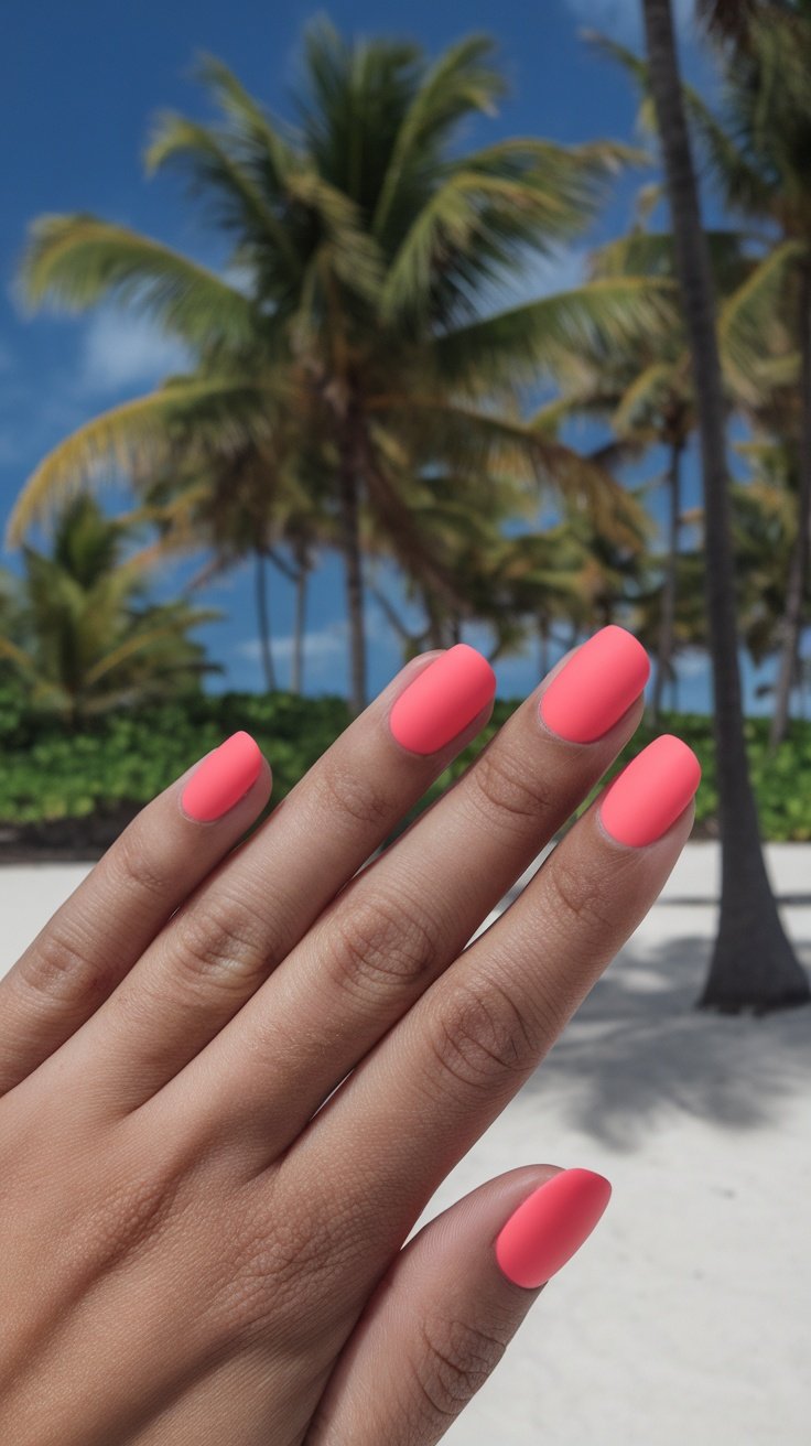 A hand with coral nails in front of a beach background with palm trees.