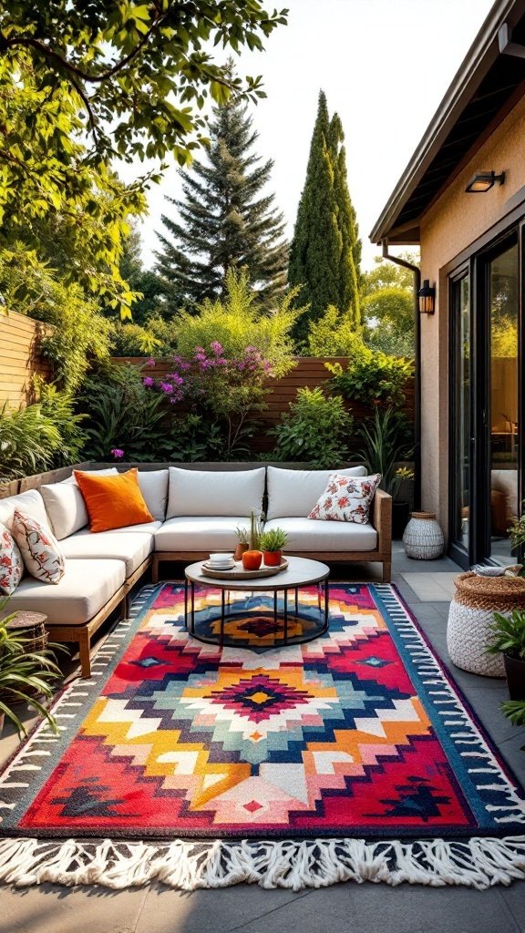 Colorful outdoor rug on a patio with seating and plants.