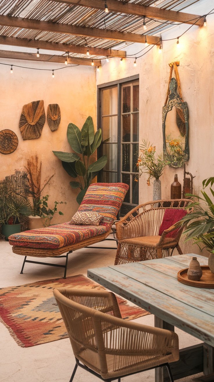 A boho-style patio with colorful textiles, including a vibrant lounge chair, patterned rugs, and wicker furniture.