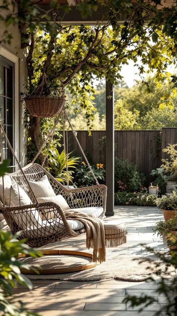 A cozy patio featuring a swing chair and greenery.