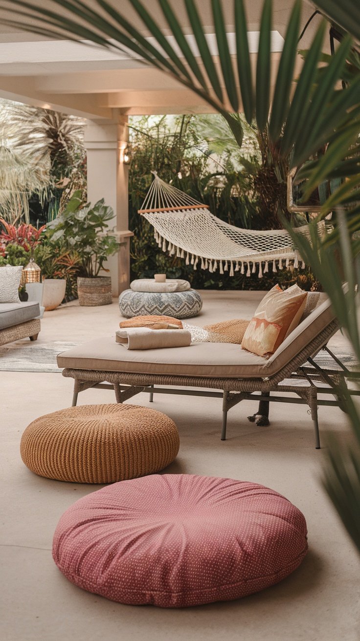 A boho-style patio with a hammock, colorful cushions, and lush plants, creating a cozy lounge area.