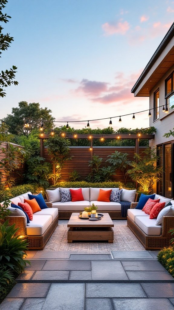 Cozy outdoor lounge area with comfortable seating and warm lighting