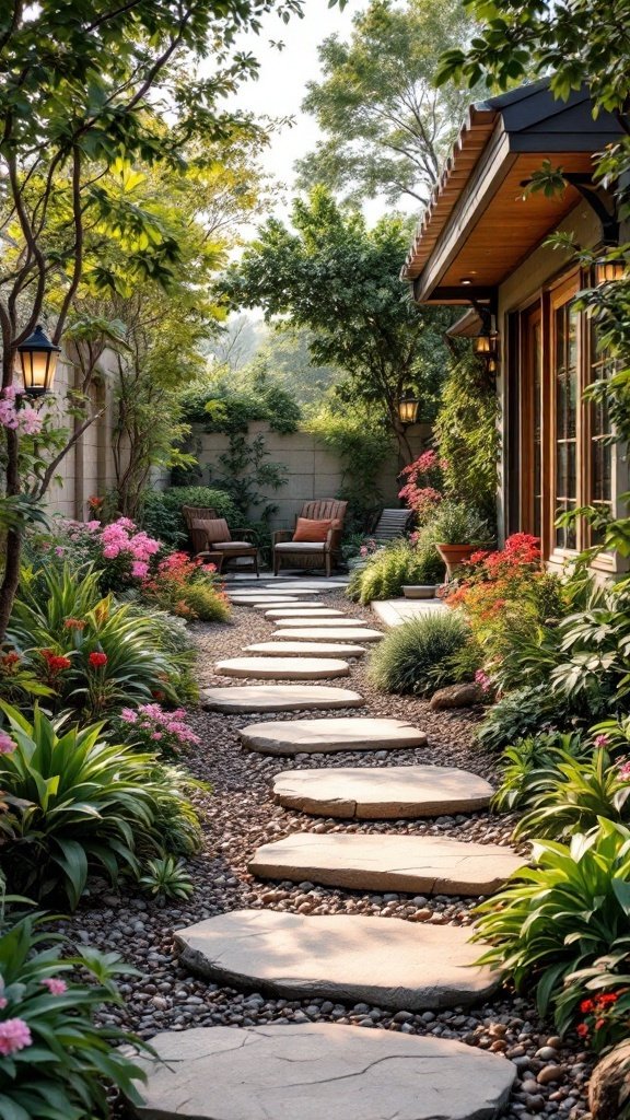 A beautiful garden pathway made of stepping stones surrounded by vibrant flowers and greenery.