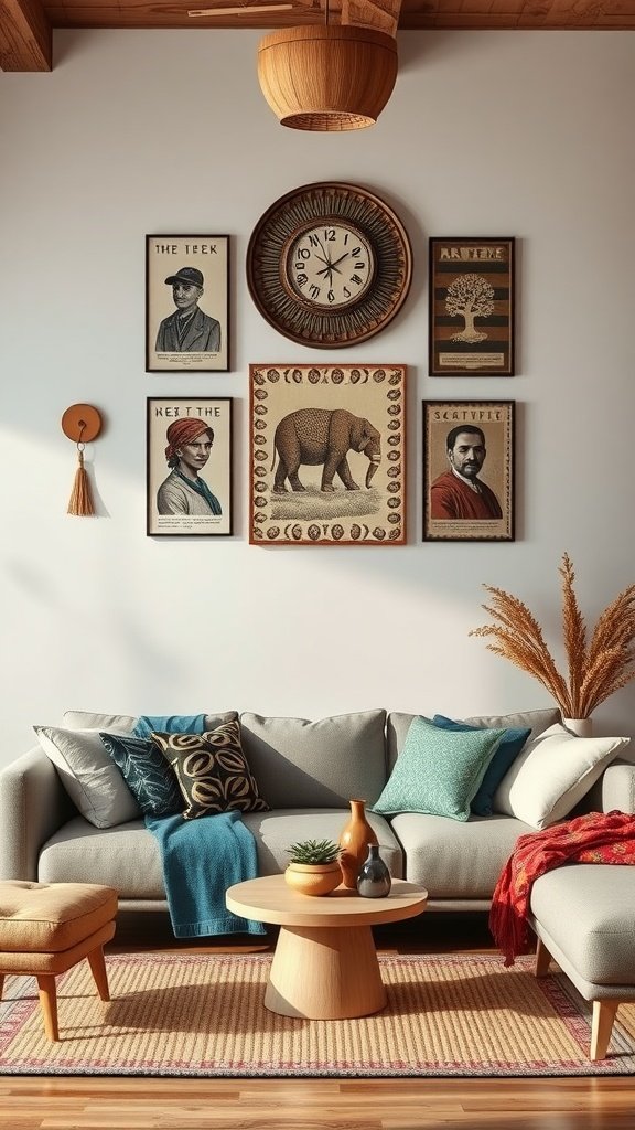 A living room with cultural wall decor including vintage portraits, a clock, and an elephant illustration.