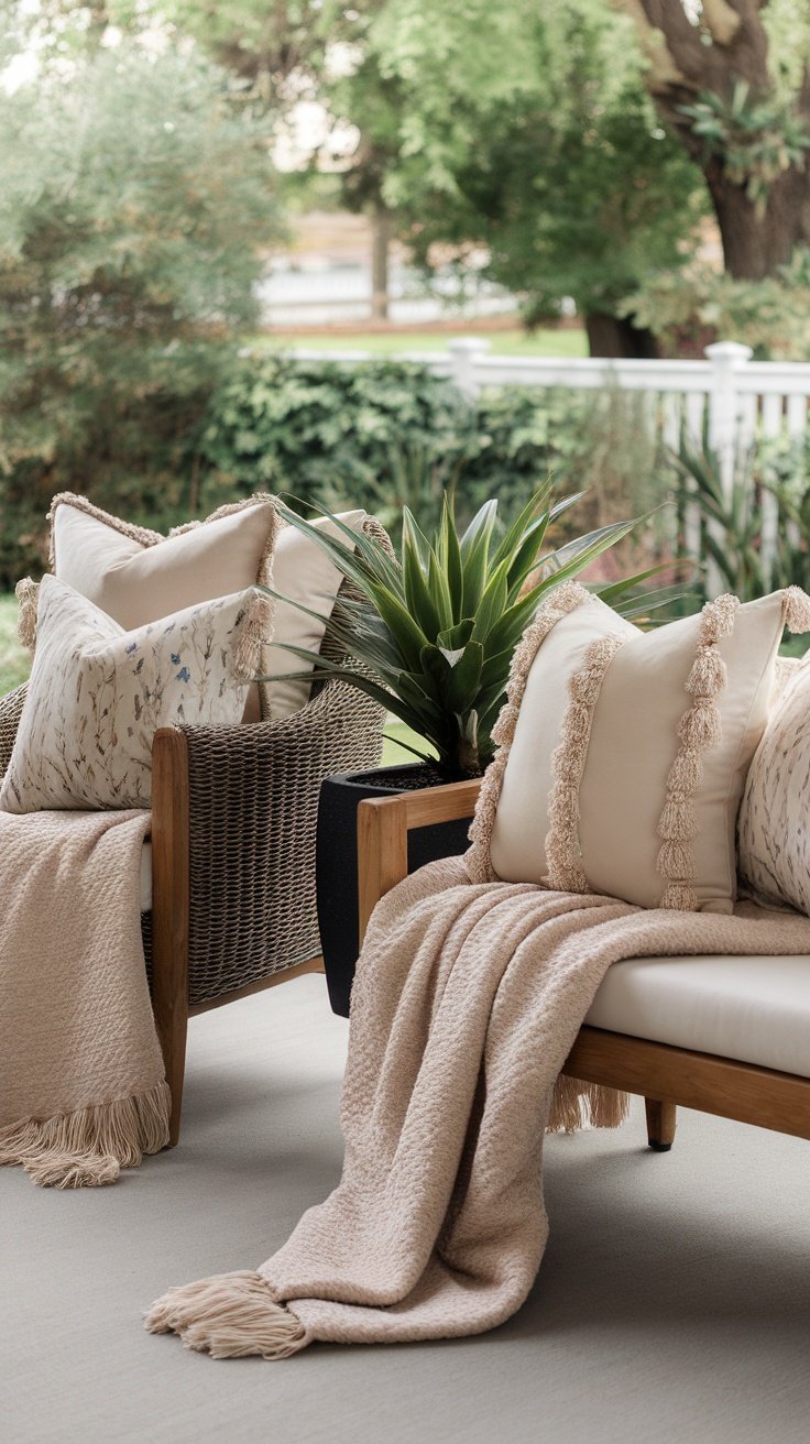 A cozy patio setting with decorative pillows and a warm throw blanket.