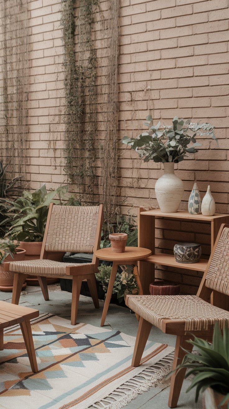 A boho patio featuring a wooden table and bench, woven chairs, and various plants.