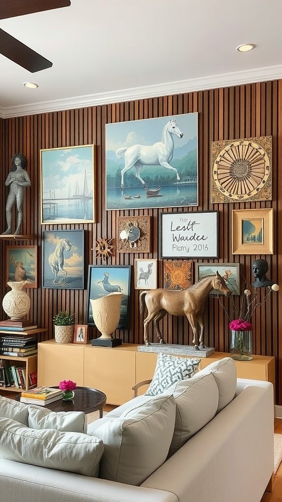 A cozy living room featuring a colorful and diverse wall art display with various framed pictures and sculptures.