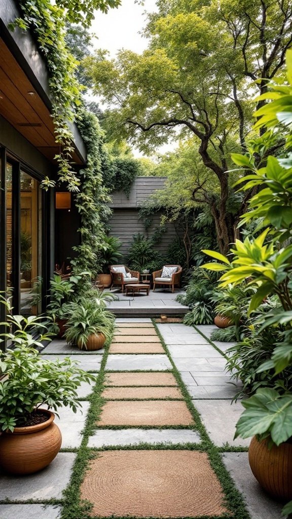 Eco-friendly patio with stone path, potted plants, and natural decor