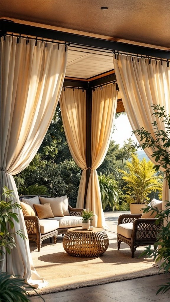 Elegant patio with draped canopies and comfortable seating.