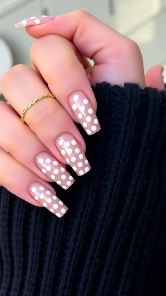 Hands with elegant nails featuring pink base and white tips adorned with pearl accents.