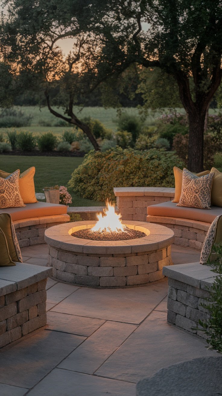 Elegant stone patio with a circular fire pit, surrounded by comfortable seating and pillows under a tree.