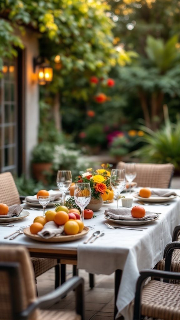 A beautifully set outdoor dining table with fruits and flowers