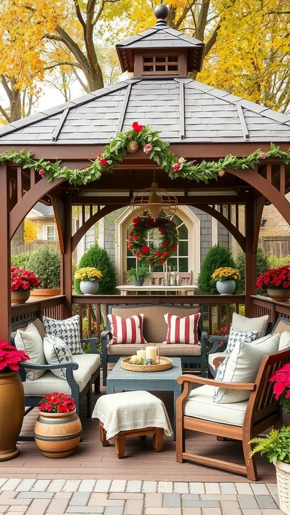 Cozy farmhouse-style gazebo with seating, pillows, pumpkins, and string lights.