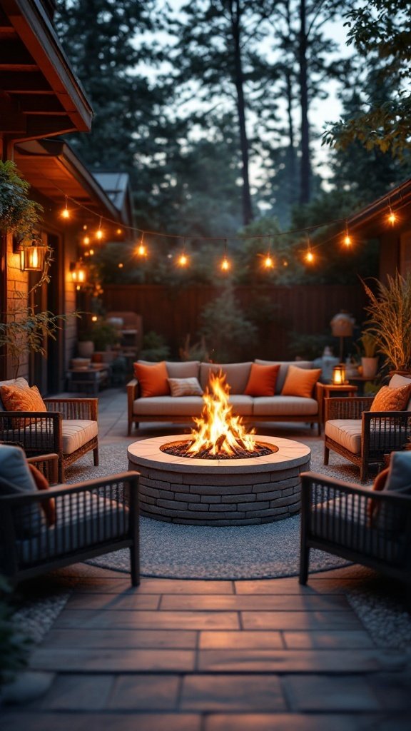 A cozy fire pit area with seating and string lights in a patio setting