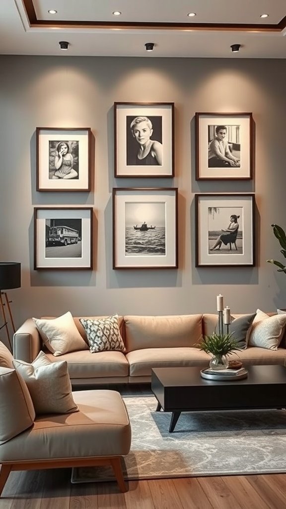 A modern living room featuring a floating frame display on the wall with various black and white photos and artwork.