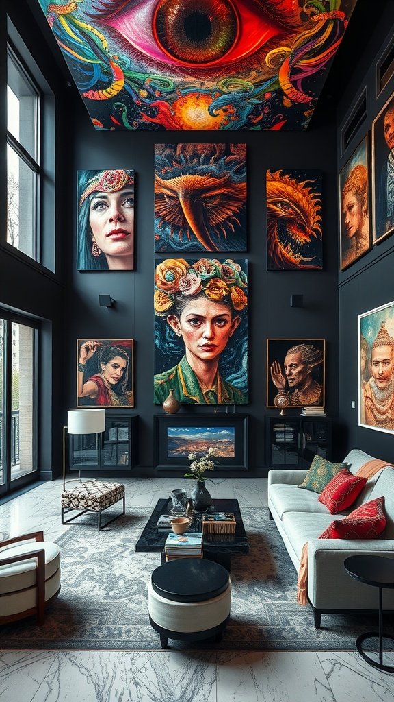 A living room featuring a variety of large art pieces on the wall, including animal and nature themes.