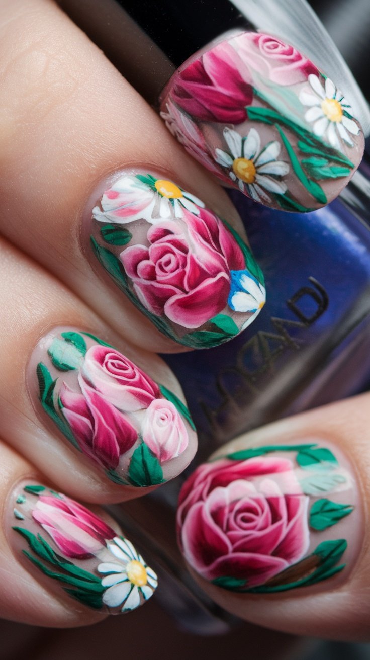 Nail art featuring colorful roses and daisies on a clear background.