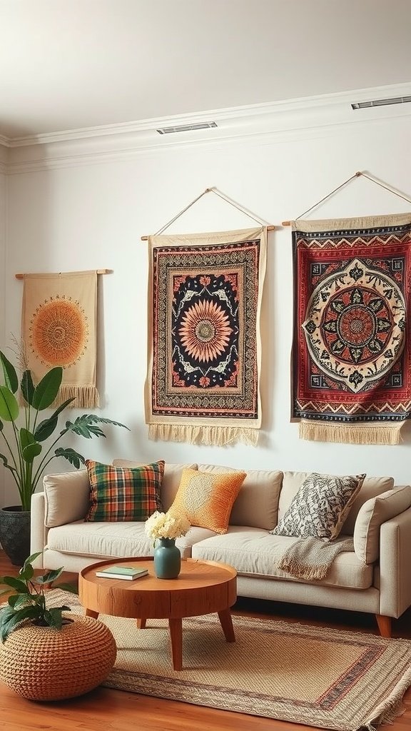 Living room featuring framed textile wall hangings