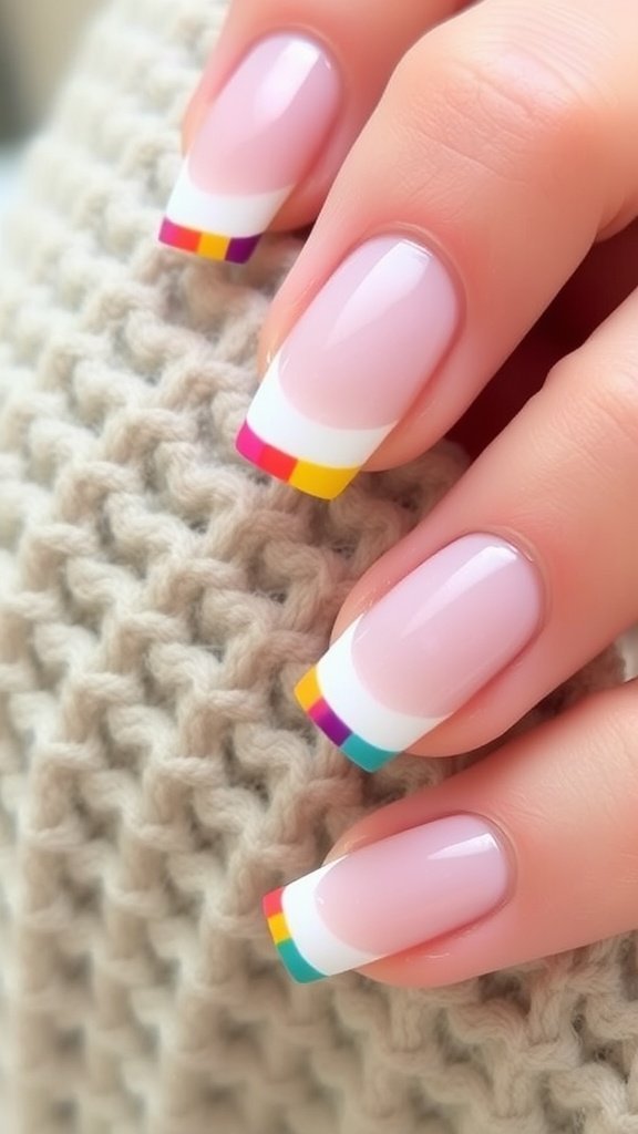 Colorful French tip nails with red, blue, and yellow accents on a neutral base.