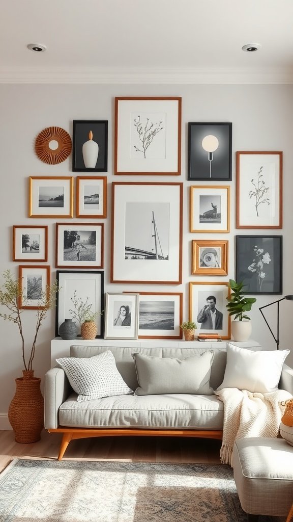 A cozy living room with a diverse gallery wall featuring framed artwork and decorative items.