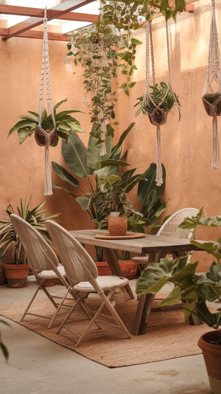 A cozy boho patio featuring hanging plants in macramé hangers, with a wooden table and chairs surrounded by lush greenery.