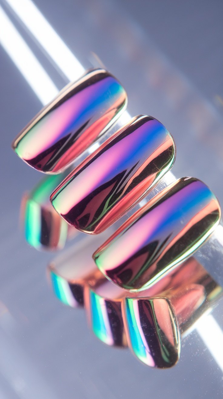 Three holographic nails with a rainbow effect on a reflective surface.