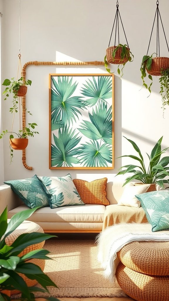 Living room wall with various hanging indoor plants in decorative pots.