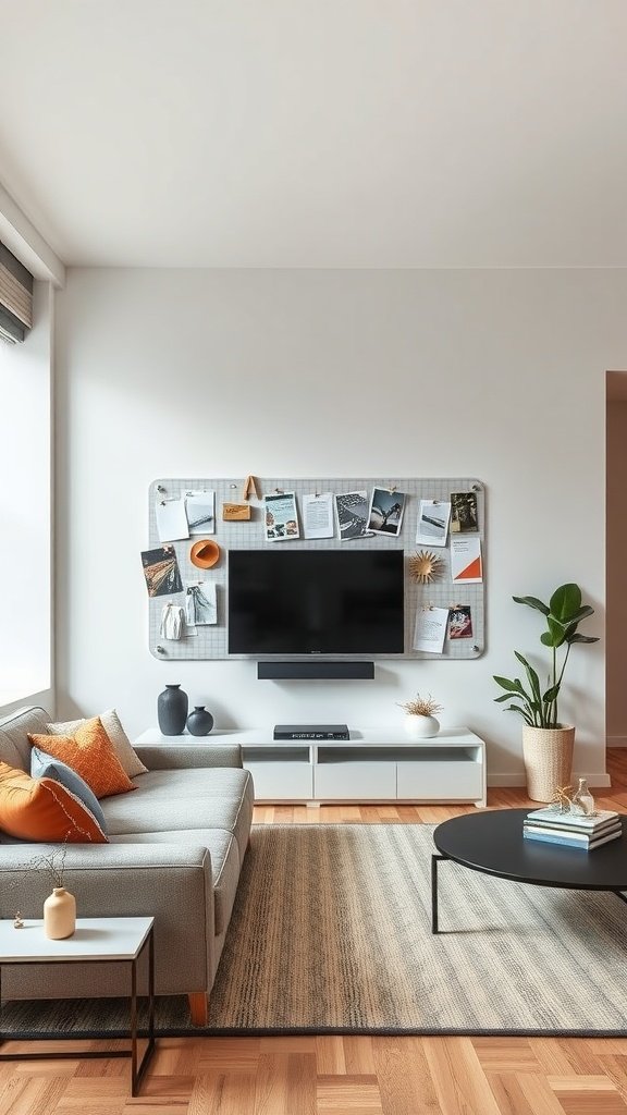 A cozy living room with a gray sectional sofa and a gallery wall featuring various photos and notes.