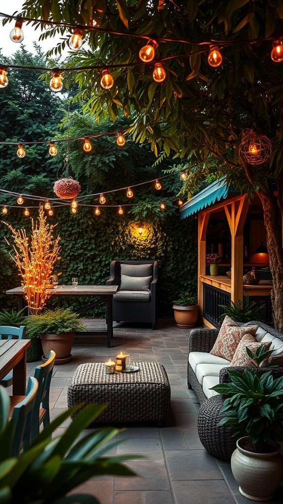 A cozy backyard patio with comfortable seating, pillows, and plants, illuminated by twinkling string lights.