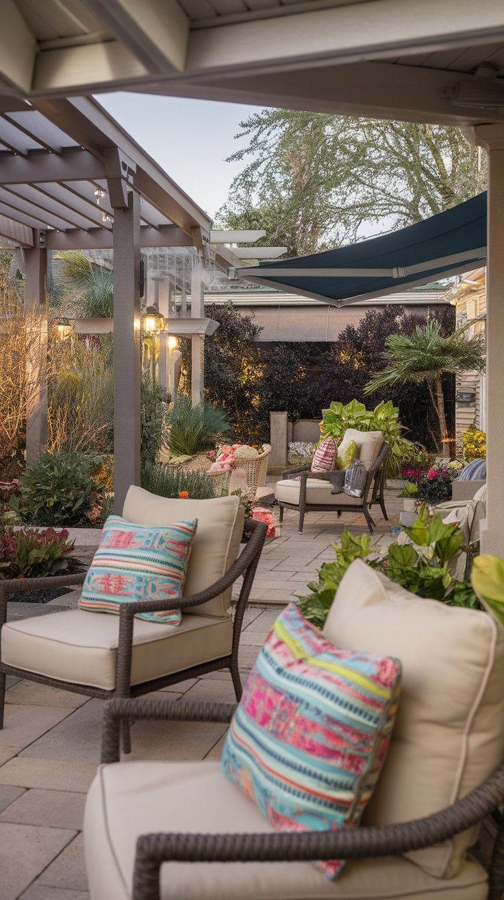 Cozy backyard patio with comfortable seating, pillows, and plants, featuring a pergola and various lighting options.