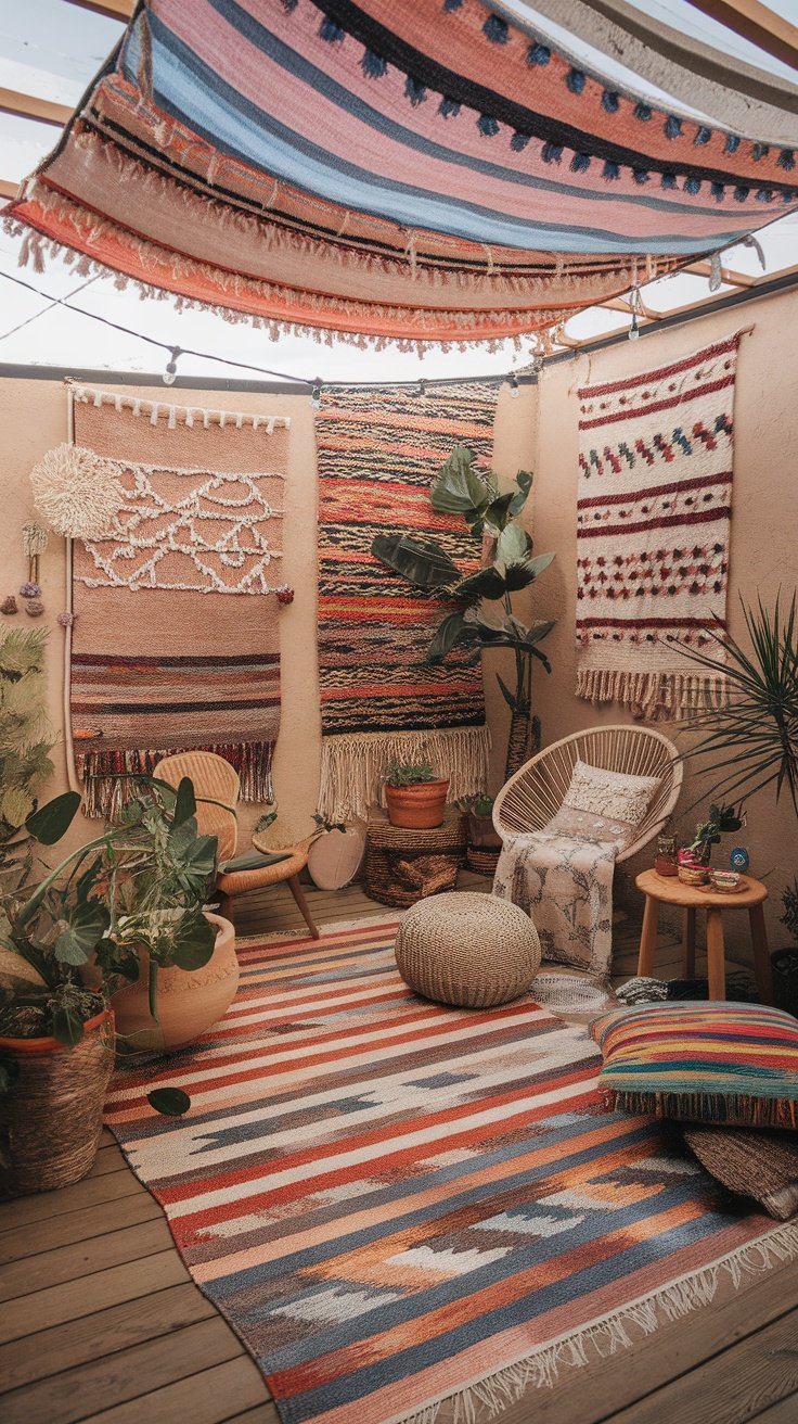 A cozy boho patio featuring layered rugs, colorful textiles, and plants