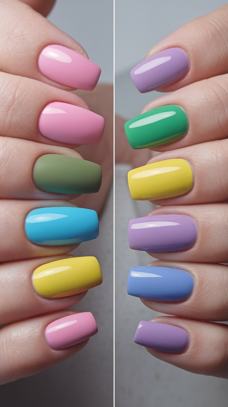 A close-up of hands showing nails with both matte and glossy finishes in pastel colors.