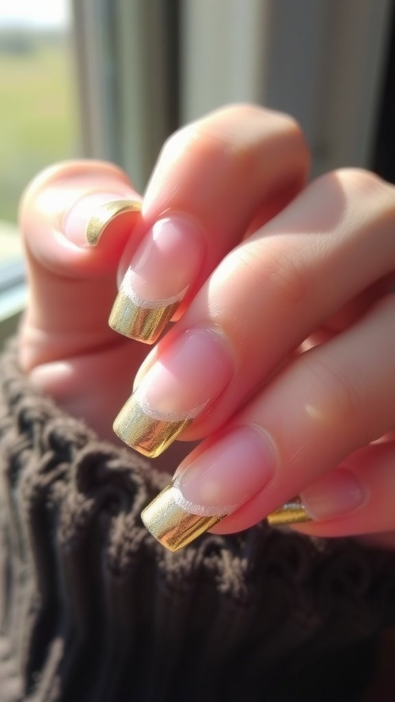 Close-up of nails featuring metallic gold and silver accents.