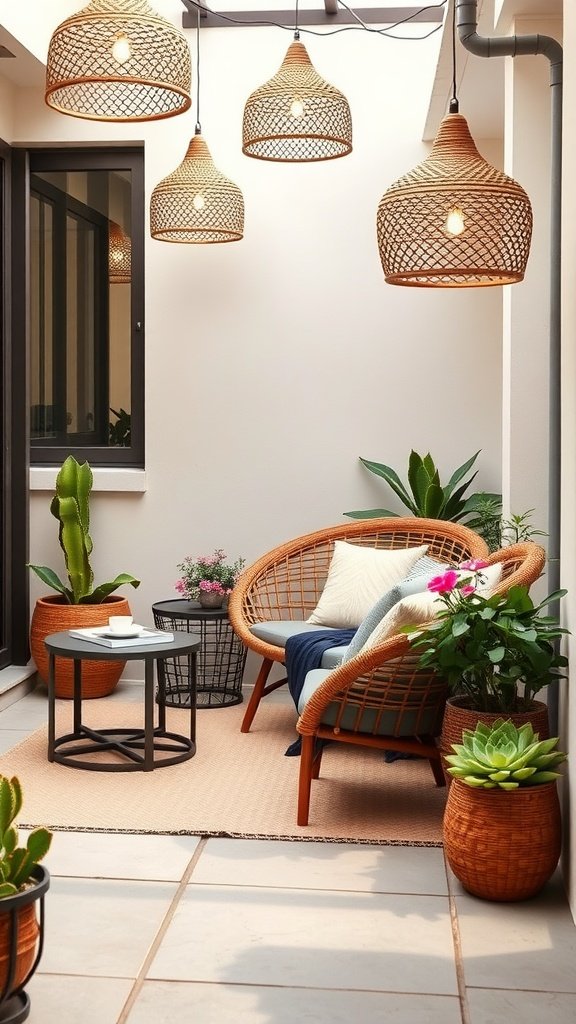 A minimalist patio featuring a simple chair and table surrounded by succulents