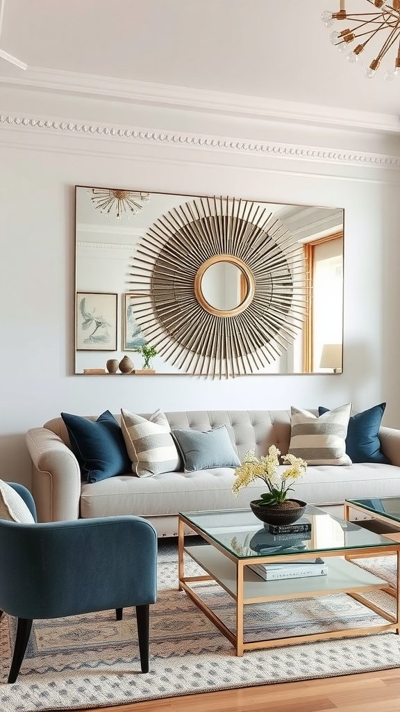 A stylish living room featuring a large mirrored wall decor above a gray sofa, with colorful cushions and a potted plant.