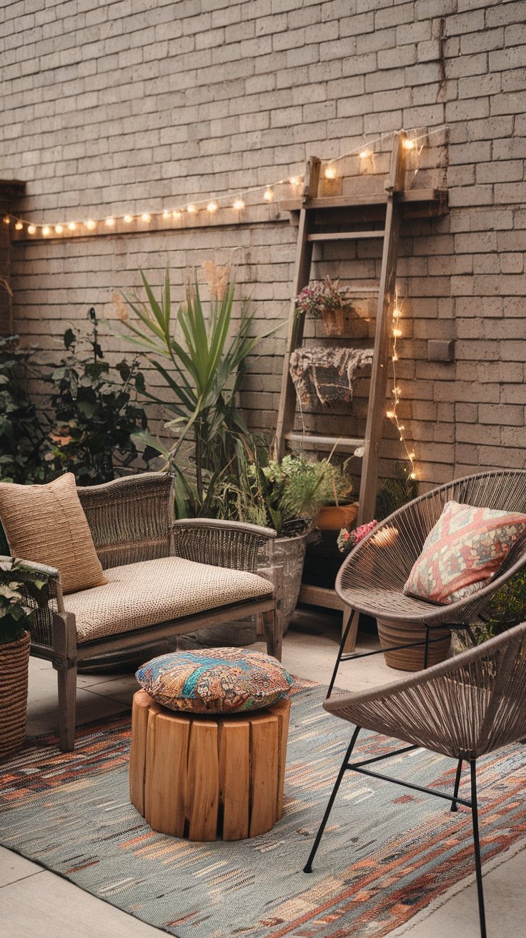 A cozy boho patio featuring mismatched chairs, tables, and potted plants against a textured wall.