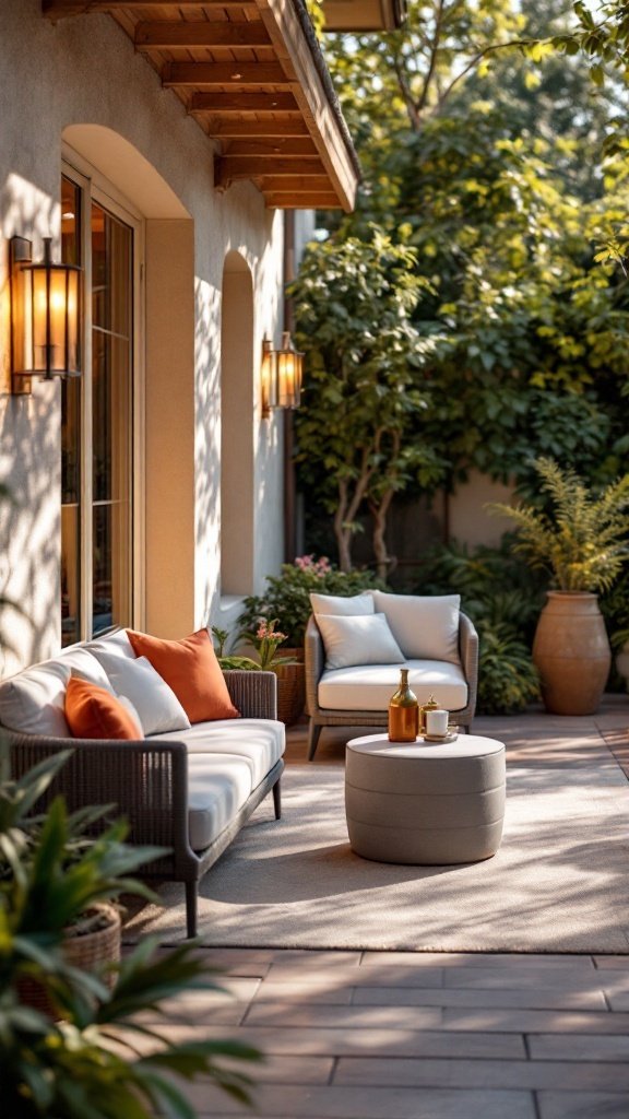 A cozy patio with a sofa, armchair, and circular coffee table surrounded by greenery.