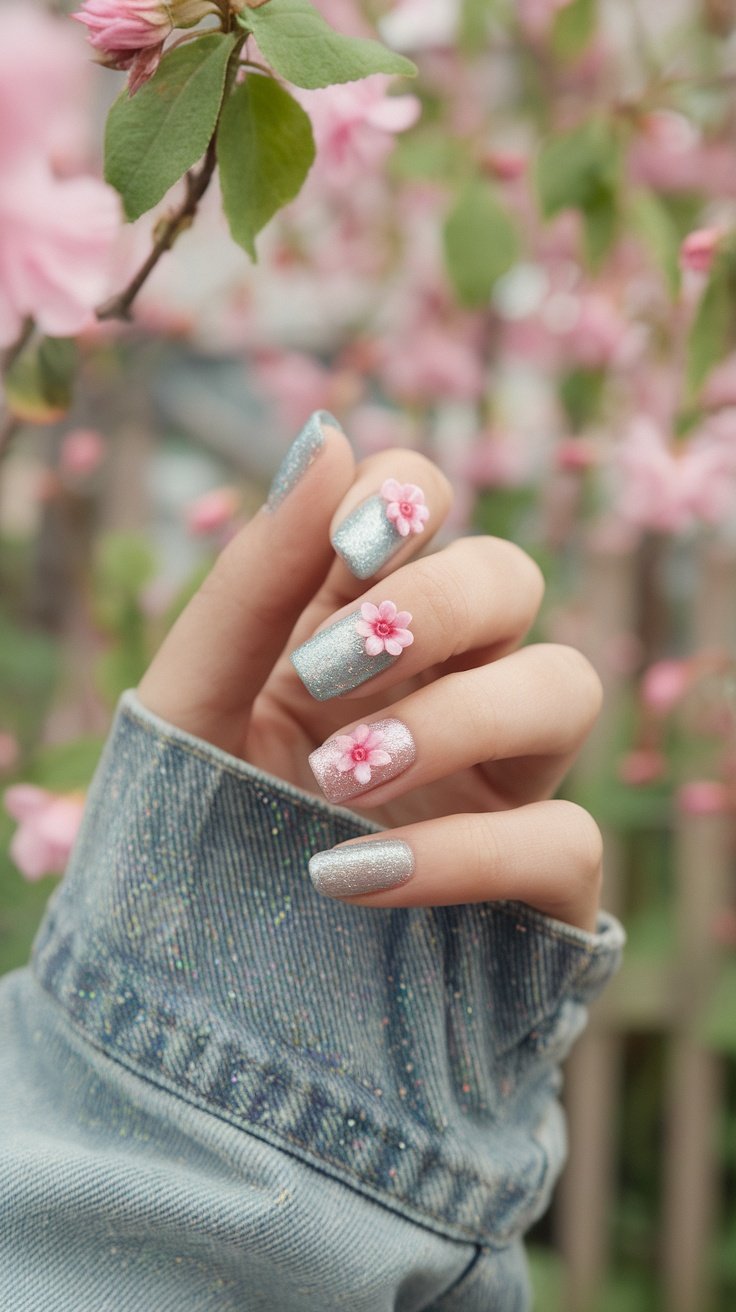 A close-up of hands with glittery nails and pink flower designs, surrounded by blooming flowers.