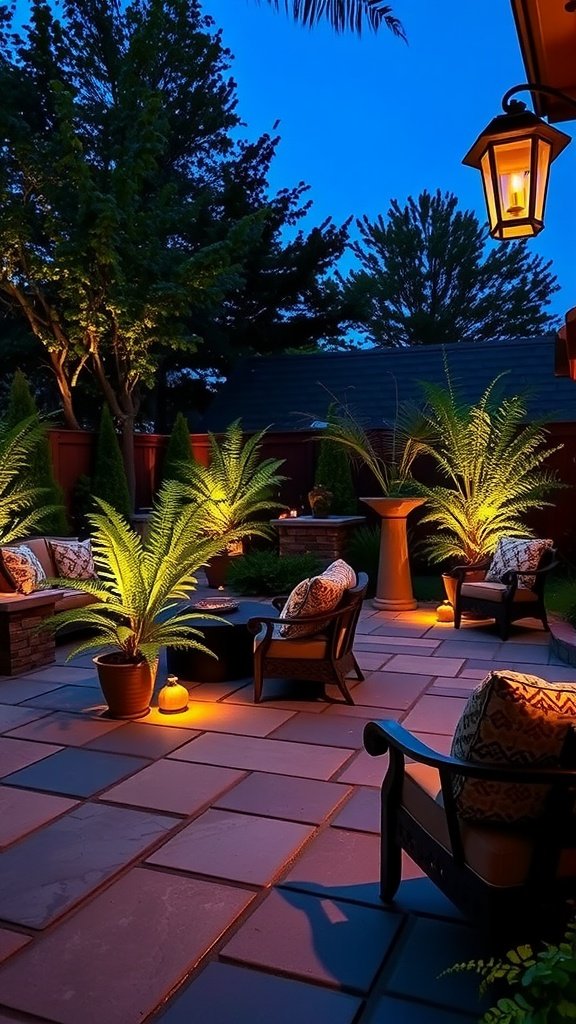 Cozy natural stone patio with ferns and soft lighting, featuring comfortable seating.