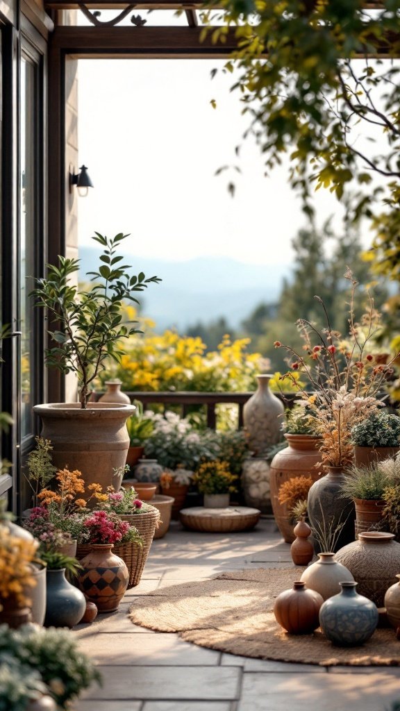 A beautifully arranged patio with various potted plants and decorative items